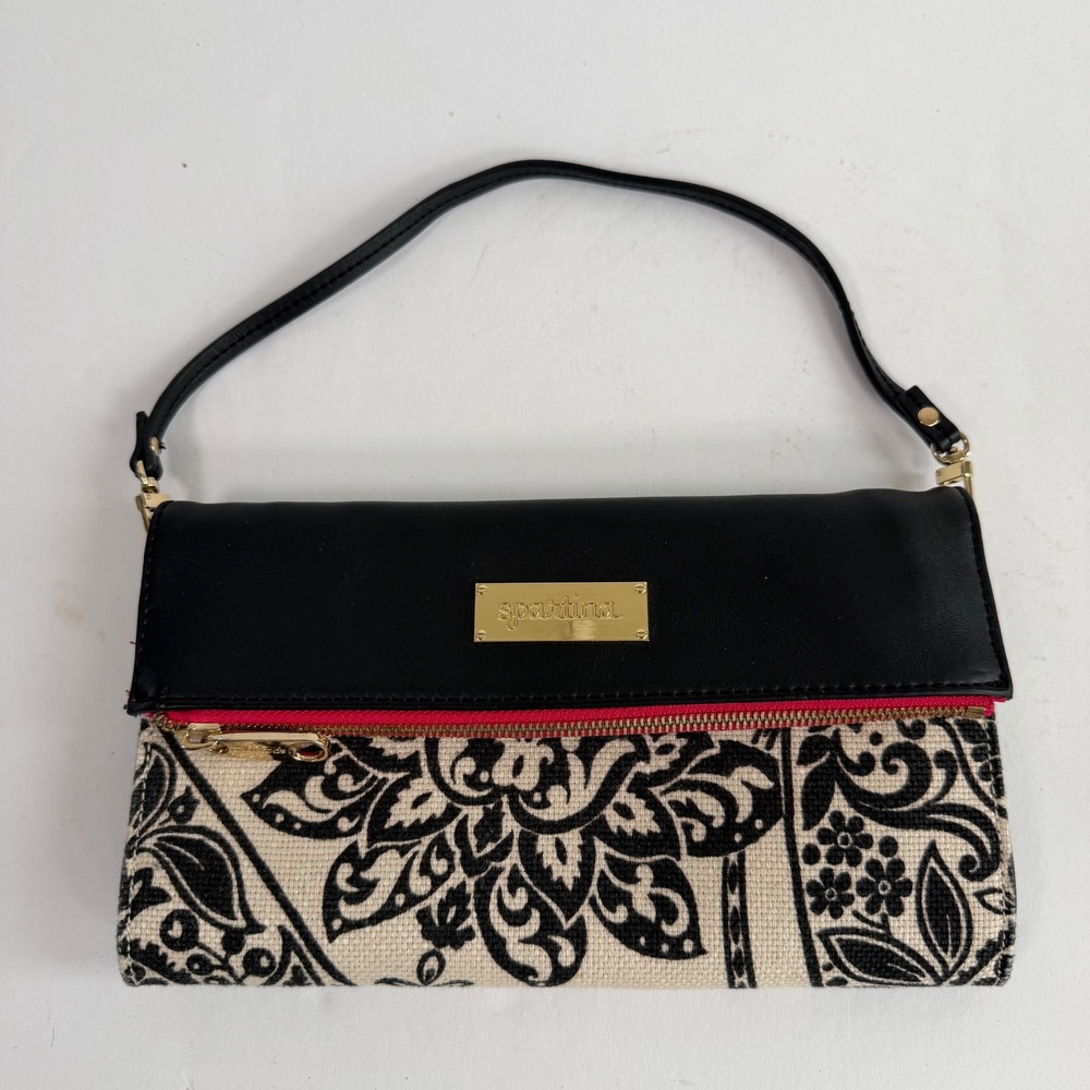 Spartina 449 Wristlet Clutch Black Ivory Floral Paisley Linen Leather Resortwear